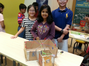 The tsunami causes the turbine  to turn which produces current which is then transmitted to the houses through wires. Such  a cute and creative idea.